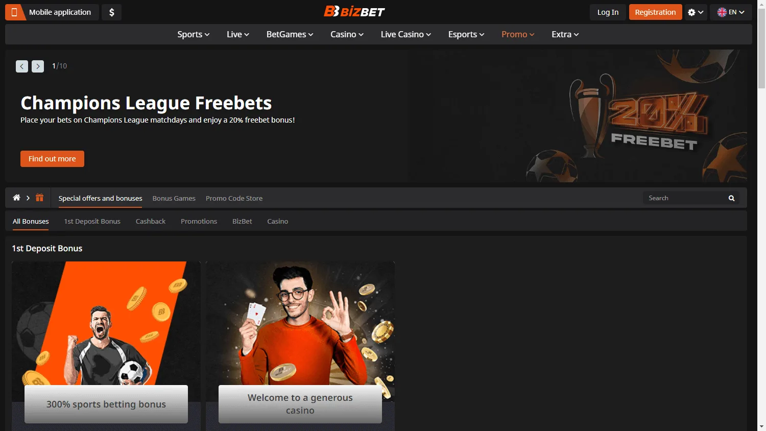 BizBet Casino desktop promotions area showing the four-part welcome package