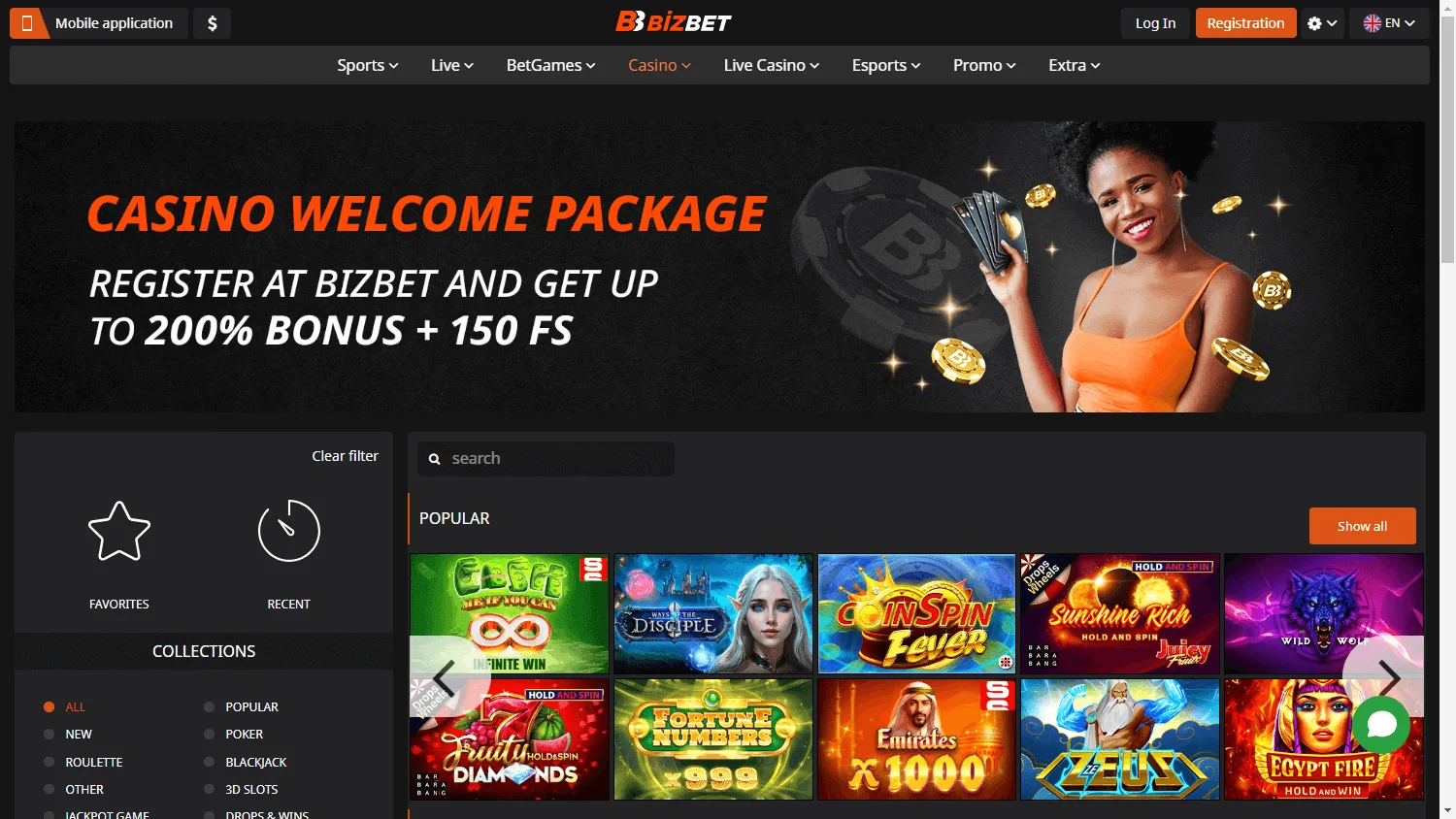 BizBet Casino desktop games area with slots, table games and live casino choices