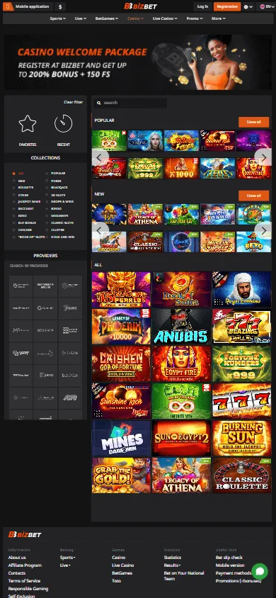 BizBet Casino mobile games area with slots, live tables and casino game choices