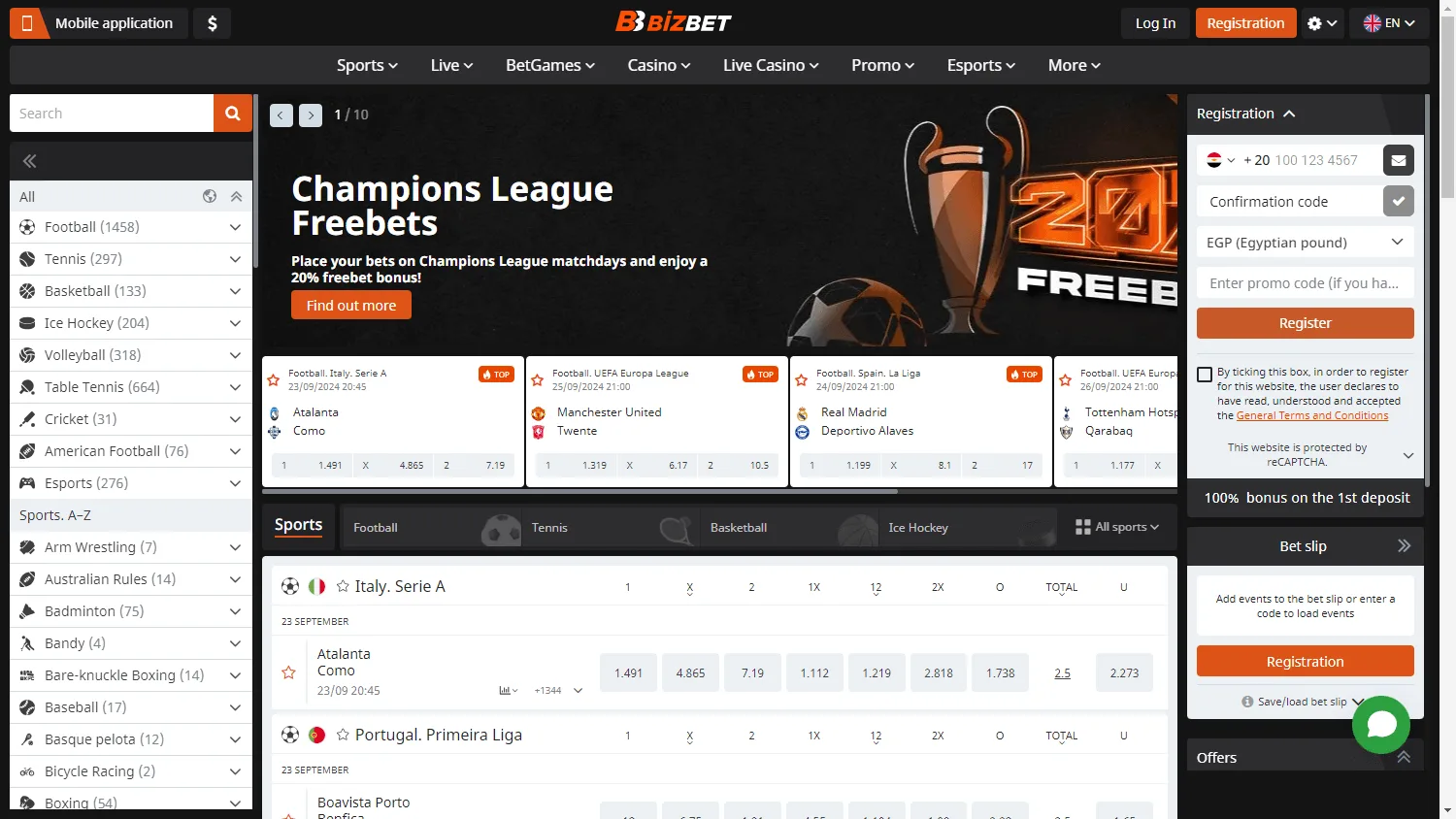 BizBet Casino desktop homepage with the welcome offer and casino navigation